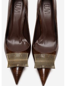 Resim Luvishoes Dexen Kahverengi Baskı Metal Tokalı Kadın İnce Topuklu Ayakkabı 