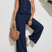 Resim 2 adet Kadın Düz Renk V Yaka Şık Rahat Kolsuz Üst & Pantolon Seti, Polyester, Düğme Detayı, İlkbahar/Yaz, Rahat Giyim|V Yaka Üst|Polyester Kumaş 