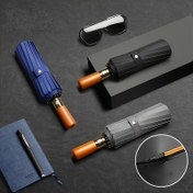 Resim Premium İş Büyük Güneşlik Şemsiyesi | Çift Kemik Kalın Rüzgar Geçirmez Katlanabilir Paylaşımlı Doğal Ahşap Tutma Kolu Otomatik Model | Orta Siyah Katı Renk Açık Hava Plaj Golf Mükemmel Hediye Halloween/Şükran Günü için 