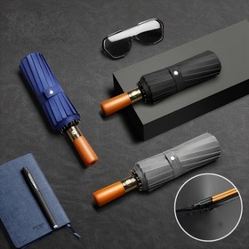 Resim Premium İş Büyük Güneşlik Şemsiyesi | Çift Kemik Kalın Rüzgar Geçirmez Katlanabilir Paylaşımlı Doğal Ahşap Tutma Kolu Otomatik Model | Orta Siyah Katı Renk Açık Hava Plaj Golf Mükemmel Hediye Halloween/Şükran Günü için 