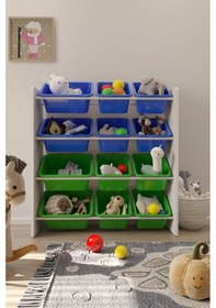 Resim 12 Sepetli Çok Amaçlı Oyuncak Dolabı Montessori Dolap Mavi-yeşil Mavi - Yeşil 