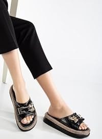 Resim Kadın Taşlı Dolgu Topuk Terlik Siyah Metal Tavşan Aksesuarlı 