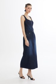 Resim İşleme Detaylı Denim Kalem Etek - MAVİ / 42 