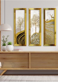 Resim Evinemoda Doğa Ağaç Gold Pleksi Aynalı 3 Parça Tablo 