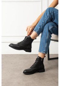 Resim Shoetek Marcello Kadın Bot&bootie Kauçuk Tabanlı Bağcıklı Siyah Deri Sıyah Cılt 