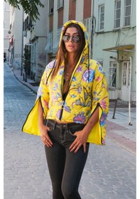 Resim Keyifli Moda Kadın Sarı Çiçekli Kapüşonlu Kolları Fermuarlı Kısa Şişme Mont - L - Xl Sarı 