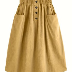 Resim Yüksek Bel A-Line Midi Etek, Düz Renk, Dokuma Polyester, Elastik Bel ve Düğme Önü, Sonbahar/Kış için 