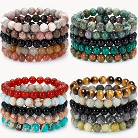 Resim Yurtlar Arası Dış Ticaret Takı Doğal Taş Boncuk Bilezik Seti 5'li, 8mm Pembe Zebra Moda Bileklikler 