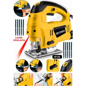 Resim Steiner Alman 4600 W Lazerli Sjs Metal Şanzuman 6 Kademe Devirli Pandül Ayarlı Dekupaj Testere Makinesi Sarı + 10UÇ 