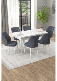 Resim Arel Beyaz Mermer 80x132 Açılabilir Mdf Masa Yemek Odası Takımı, Mutfak Takımı 6 Adet Sandalye Beyaz Mermer - 6 Füme - Beyaz Ayak 