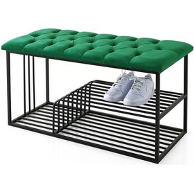 Resim Kapitoneli Puf Bench Kapı Önü Metal Ayakkabılık 