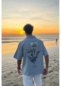 Resim Flaw Flowers Sırt Baskılı Oversize Kısa Kol Gömlek Gri-26202 Gri 