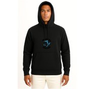 Resim Kapüşonlu Tralalero Tralala Göğüs Baskılı Unisex Sweatshirt Siyah 