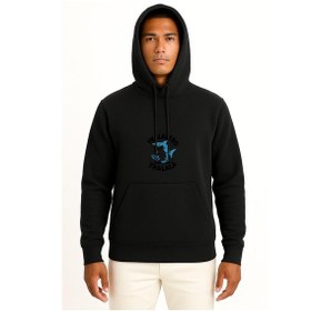 Resim Kapüşonlu Tralalero Tralala Göğüs Baskılı Unisex Sweatshirt Siyah 
