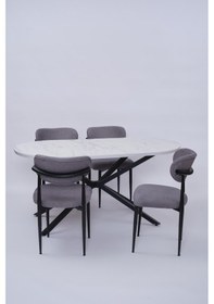 Resim Bohem Metal Polo Boyalı Mdf Lak Panel Yemek Masa Takımı 90x170 Beyaz Mermer 