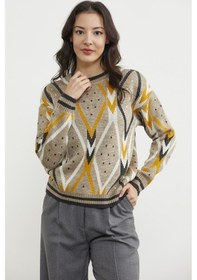 Resim Renkli Baklava Desenli Yünlü Triko Kazak - Bej 001 