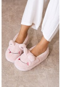 Resim Albishoes Kışlık Içi Tüylü Kadın Ev Ayakkabı Kurbağa Figürlü Kaydırmaz Rahat Taban Panduf Ev Botu Pudra 