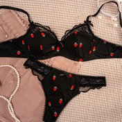 Resim 1 Takım Kadın Siyah Çilek Desenli Kontrast Dantel Sütyen Takımı 