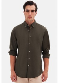 Resim Ds Damat Comfort Haki Düğmeli Yaka Rahat Kesim Keten Görünümlü %100 Pamuk Gömlek 2hc02ort64265 Haki 