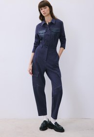 Resim Suni Deri Detaylı Rahat Form Indigo Triko Pantolon - INDIGO / 34 