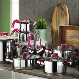 Resim Kütahya Porselen Silindir 18 Prç Çelik Çeyiz Seti Fuşya 