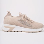 Resim Muggo Martha Kadın Kalın Taban Günlük Triko Taşlı Bağcıklı Sneaker Spor Ayakkabı Bej 
