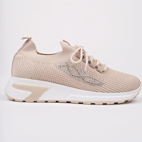 Resim Muggo Martha Kadın Kalın Taban Günlük Triko Taşlı Bağcıklı Sneaker Spor Ayakkabı Bej 