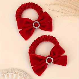 Resim 2'li Sevimli Noel Saç Tokası, Gençler ve Kızlar için - Kırmızı Fiyonklu ve Rhinestone'lu, Kumaş Olmayan Rhinestone Saç Tokaları 