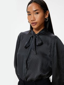 Resim Puantiyeli Saten Gömlek Fiyonk Detaylı Fular Yaka Uzun Kollu 