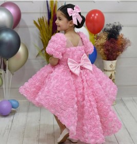 Resim ELLUSSİ Kız Çocuk Pembe Gül Desenli Kuyruklu Kısa Kol Elbise Abiye 