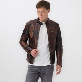 Resim Kahve Erkek Vintage Deri Biker Ceket 