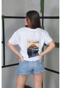 Resim Unisex Bisiklet Yaka Baskılı Oversize T-shirt- Beyaz Beyaz 