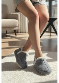 Resim Lory Kadın Ev Botu Peluş Ev Pandufu Ses Yapmaz Taban Sıcak Şık Kürklü Panduf Füme 