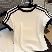 Resim Kadınların Y2K Retro Moda Kısa Kollu T-Shirt'i - Siyah Çizgilerle, Yuvarlak Yaka, Rahat Yaz ve İlkbahar Giyimi, Çok Yönlü Tee | Yuvarlak Yaka Gömlek | Şık Çizgiler, Bayan T-Shirt'ler 