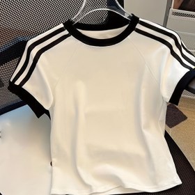 Resim Kadınların Y2K Retro Moda Kısa Kollu T-Shirt'i - Siyah Çizgilerle, Yuvarlak Yaka, Rahat Yaz ve İlkbahar Giyimi, Çok Yönlü Tee | Yuvarlak Yaka Gömlek | Şık Çizgiler, Bayan T-Shirt'ler 