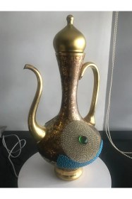 Resim Saraylı Firuze Gold Yaldızlı Cam İbrik Sürahi 34 Cm - Dekoratif Lüks Osmanlı Sunum 