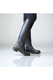 Resim NE&VE SHOES Siyah Hakiki Deri Arkadan Lastikli İçten Fermuarlı Kadın Diz Altı Binici Çizme 