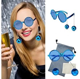 Resim Mavi Renk Disko Toplu Küpeli Parlak Yılbaşı Parti Gözlüğü 