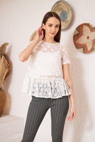 Resim Darlin Moda Kadın Beyaz Dantelli Yakası Boncuk Detaylı Astarsız Bluz Dm10331 