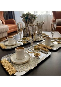 Resim Atabey Home Collection 6'lı Kahve & Çay & Sunum Dikdörtgen Büyük Sunum Tepsisi Çelik Gül Model Gold 30 Cm3 