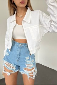Resim Fav Style Kadın Fermuar Kapamalı Çift Cepli Crop Kot Ceket Beyaz 