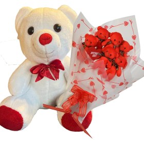 Resim Sole Sevimli 35 cm Peluş Ayı ile Premium Yumoş Kırmızı Peluş Ayıcık Buketi 
