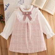 Resim ZOSEYIES Kızlar için Pembe Ekose Uzun Kollu Elbise ve Fiyonk Detayı - İlkbahar/Sonbahar için Tatlı Preppy Tarzı, Polyester Kumaş, Volanlı Manjetler, Düğmeli Yaka, Düz Etek Silueti, Kızlar için Elbiseler 