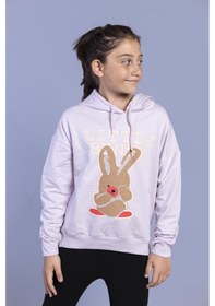 Resim Toontoy Kız Çocuk Tavşan Baskılı Kapüşonlu Sweatshirt Açık Pembe 