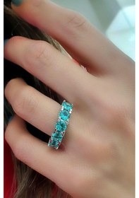 Resim Sky Diamond Blue Aquamarin Taşlı 925 Ayar Gümüş Beş Taş Yüzük Altın - Gümüş 