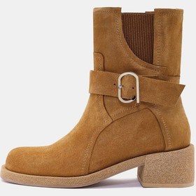 Resim Rafles Kadın Camel Gerçek Süet Deri Toka Detaylı Kalın Topuklu Bot Camel 