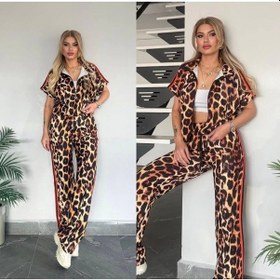 Resim Defymoda Kadın Dalgıç Kumaş Dijital Leopar Baskılı Şerit Detaylı Takım Leopar 
