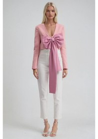 Resim Büyük Fiyonk Detaylı Derin V Yaka Crop Blazer Ceket 6188 Pembe 