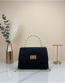 Resim Siyah Çizgili Desenli İncili Gold Zincir Askılı Portföy Omuz Ve El Çantası E18 B12 siyah 