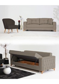 Resim Nola Koltuk Takımı 3+1 & Bazalı Yataklı Koltuk & Kanepe - Keten Kahverengi-latte 